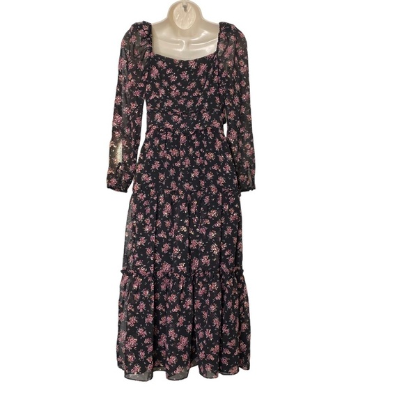 1. STATE | NWT Long Sleeve Midi Dress in Gold Foil Floral Chiffon Size 2/S - Picture 6 of 9